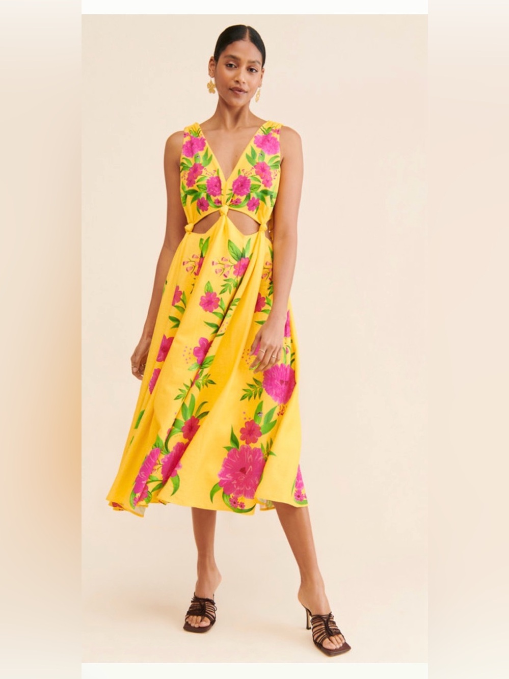 Farm Rio Yellow Romantic Garden Twist Cutout Midi Dress medium $245
